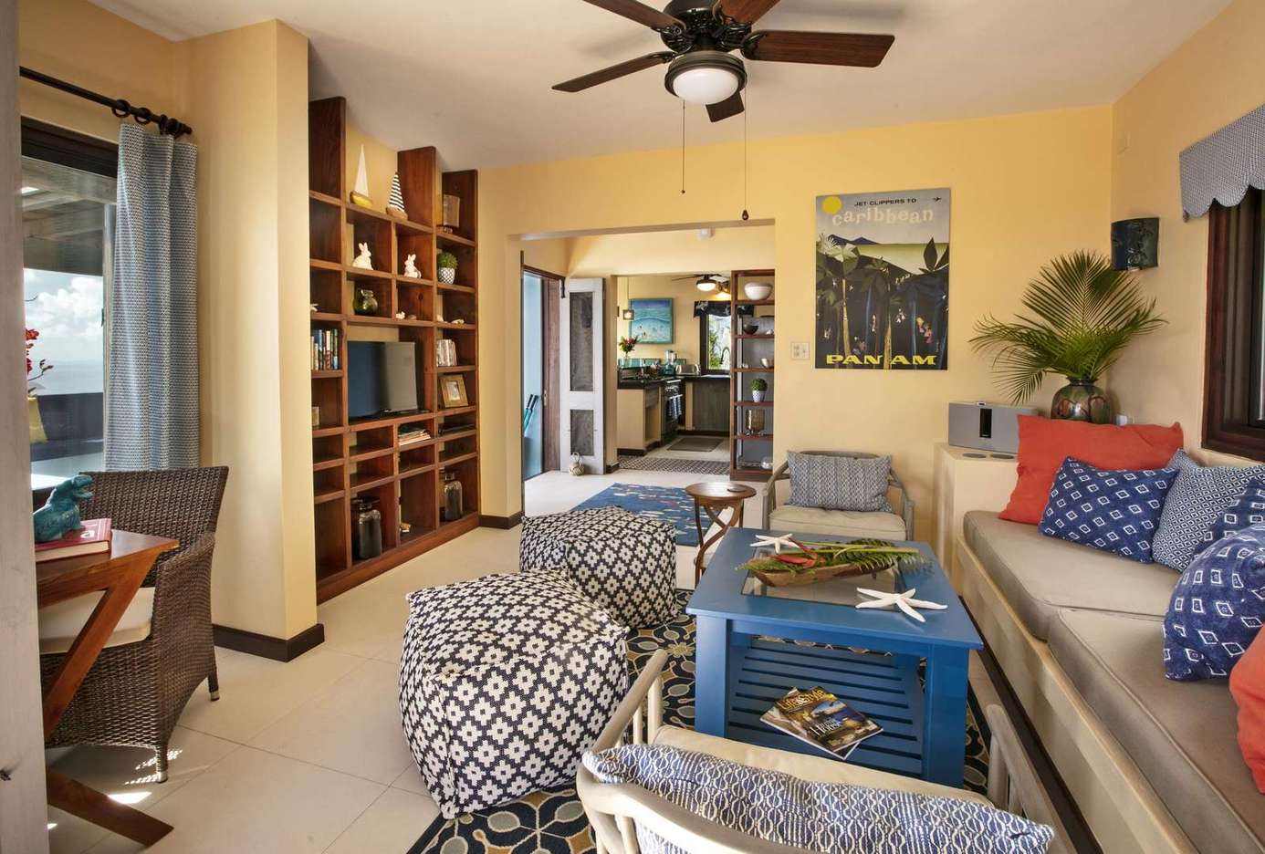 Cozy living room with vibrant decor and natural light