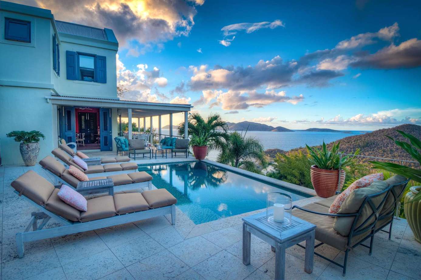 Sunset poolside retreat with panoramic mountain views