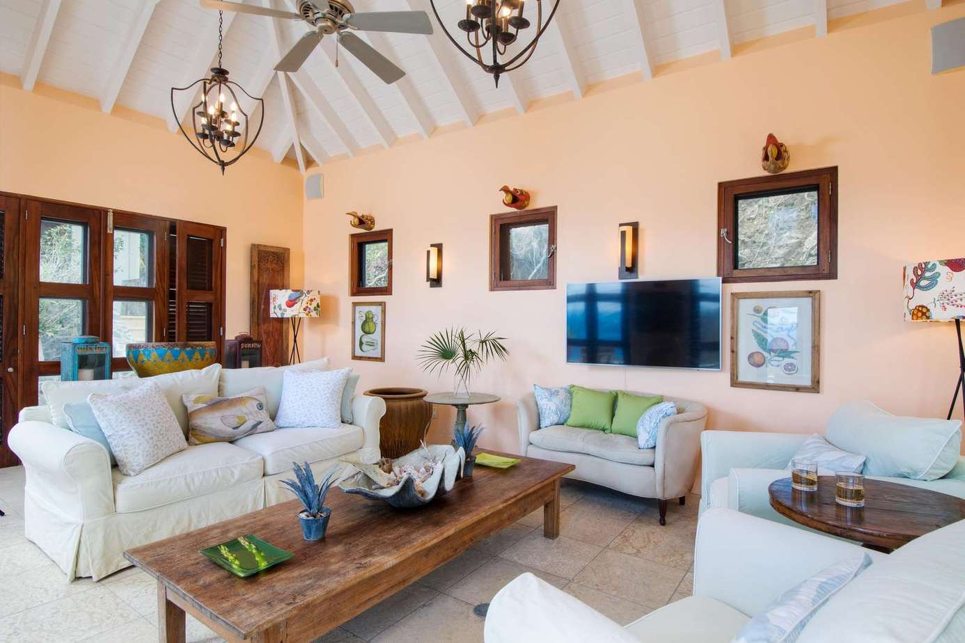 Spacious living room with vaulted ceilings and cozy seating