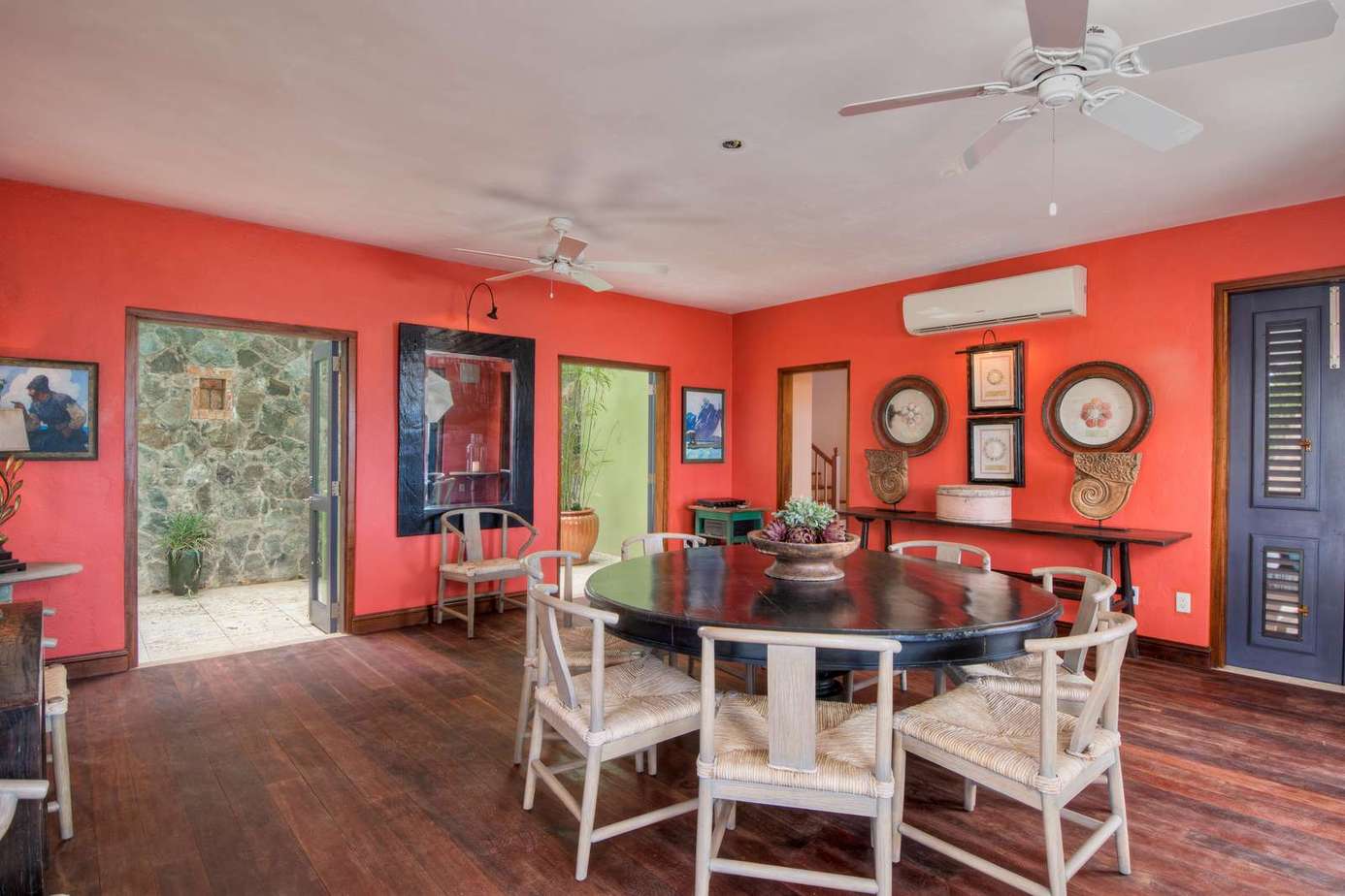 Vibrant dining room with rustic charm and natural light