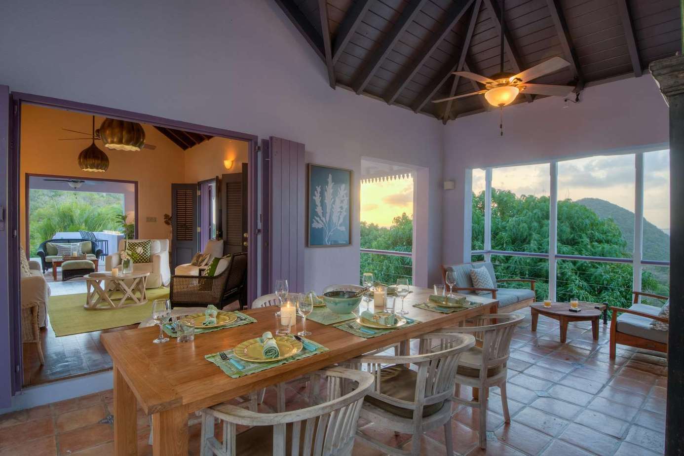 Spacious dining area with panoramic nature views and cozy ambiance