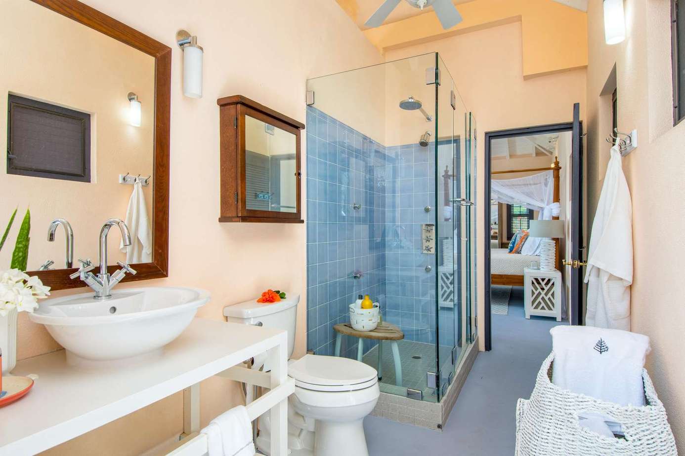 Bright, modern bathroom with spacious glass shower and elegant fixtures