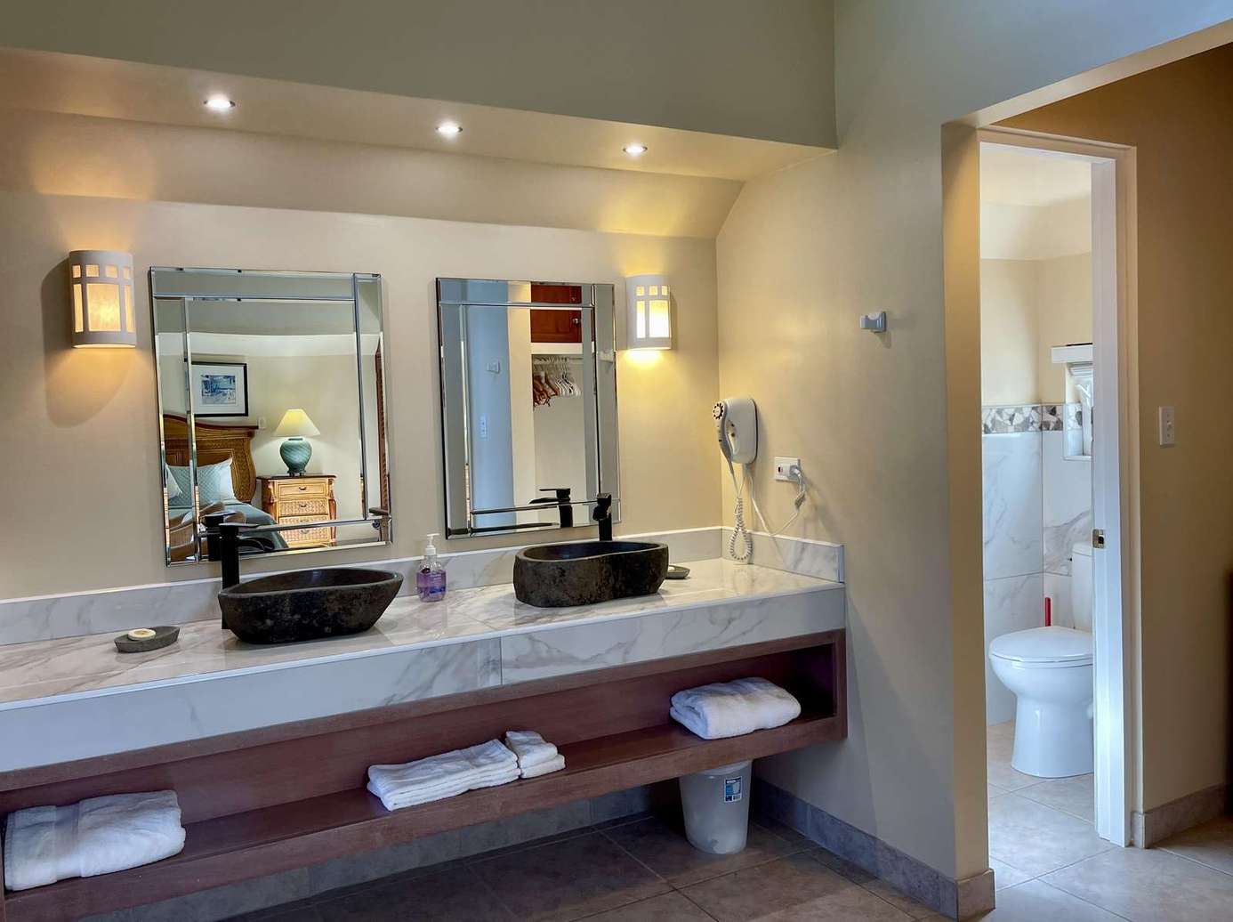 Modern bathroom retreat with dual sinks and spacious vanity